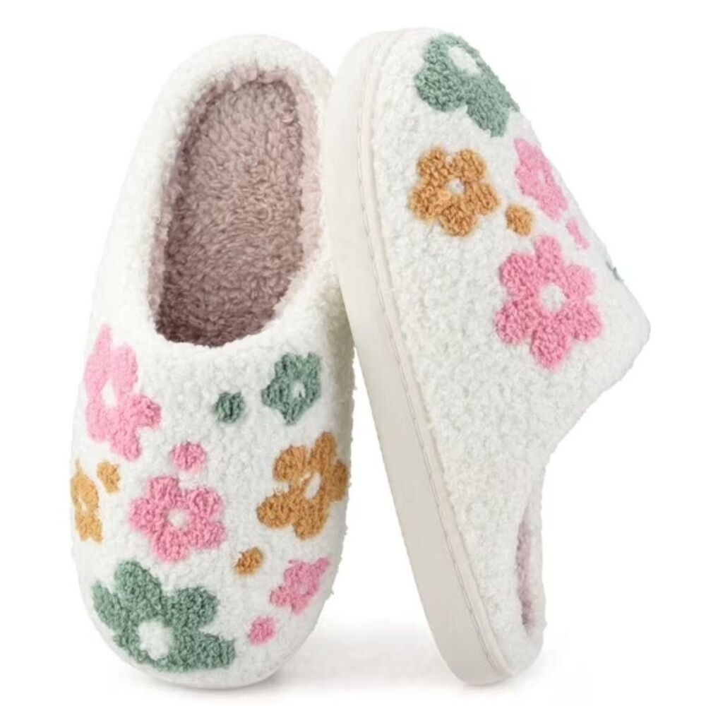 BERANMEY Cute White Pink Green Yellow Flower Print Slippers US 9 / 10